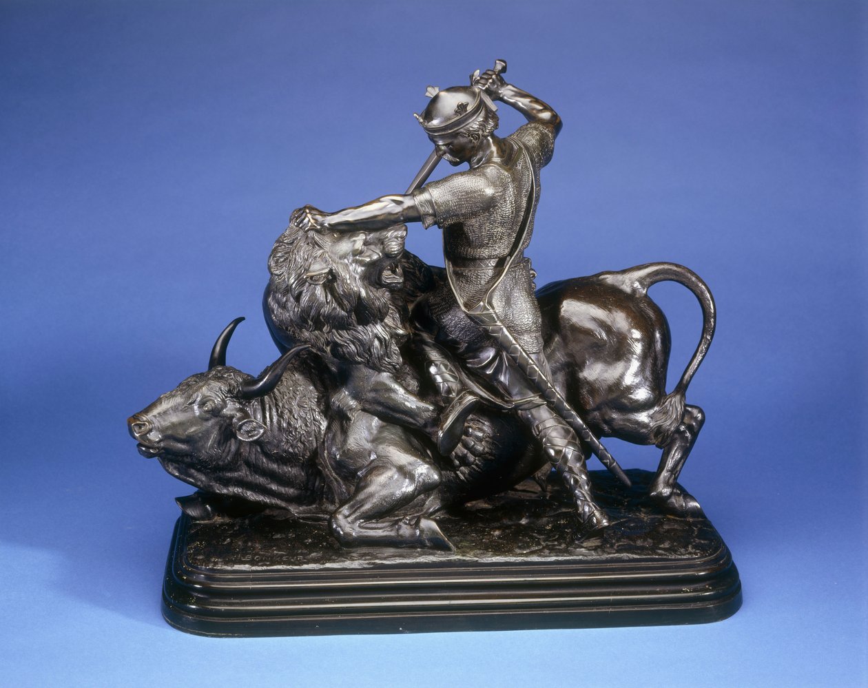 雄牛を襲うライオンを退治する王 1874年頃（ブラックパティナ・ブロンズ 作： Isidore Jules Bonheur