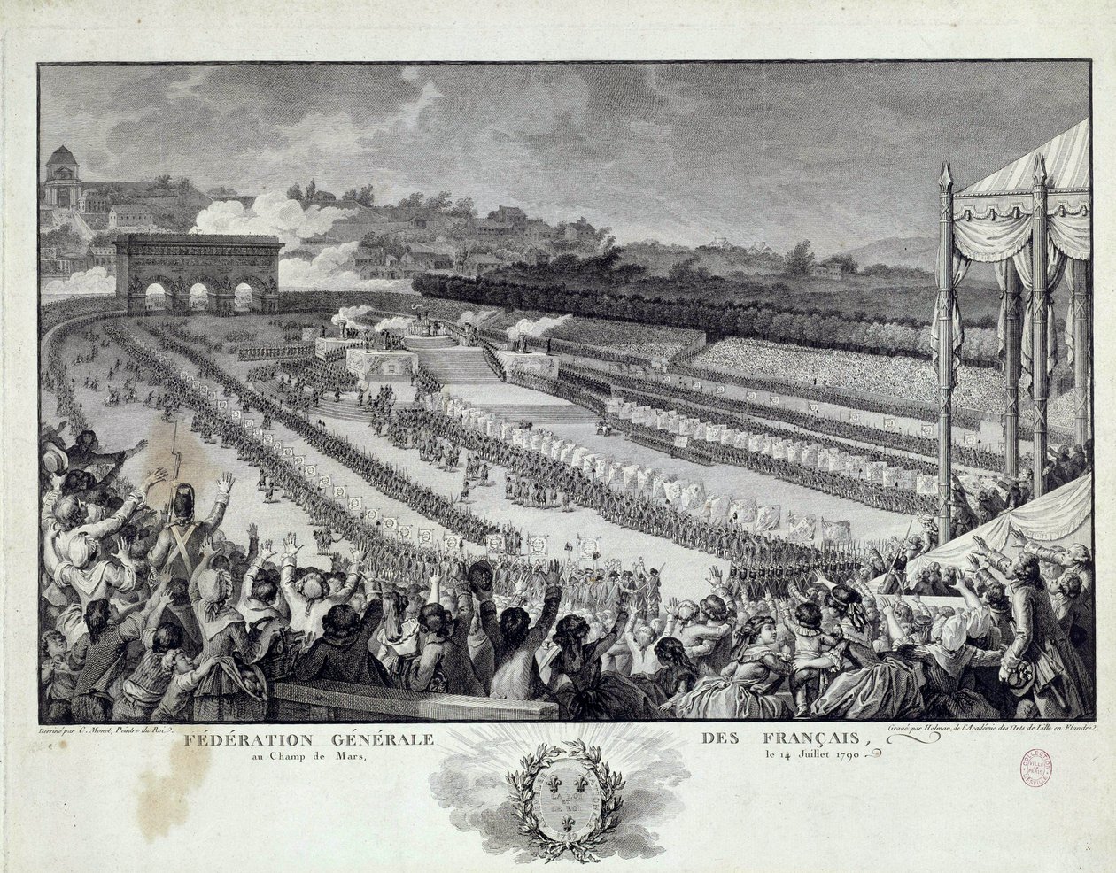フランス革命：1791年7月14日、パリのシャン・ド・マルスで行われたフランス部族総連合会の祝祭の様子。イシドール・ヘルマン（1743-1809）によるイラスト 18世紀 パリ、カルナヴァレ美術館 作： イシドール・スタニスラス・ヘルマン