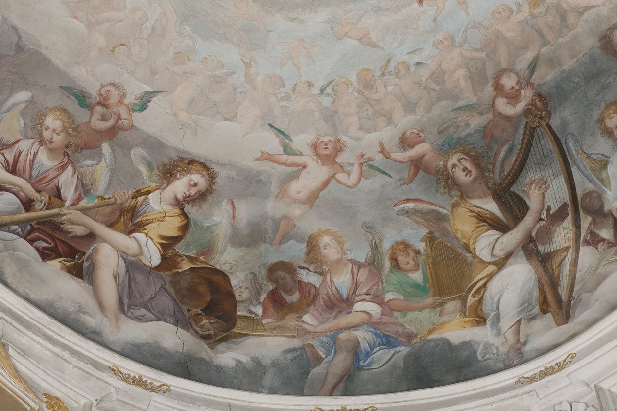 天使、ミュージシャンの天使とプット、永遠の父との楽園の詳細、1623-34年（3496185の詳細） 作： イシドロ・ビアンキ