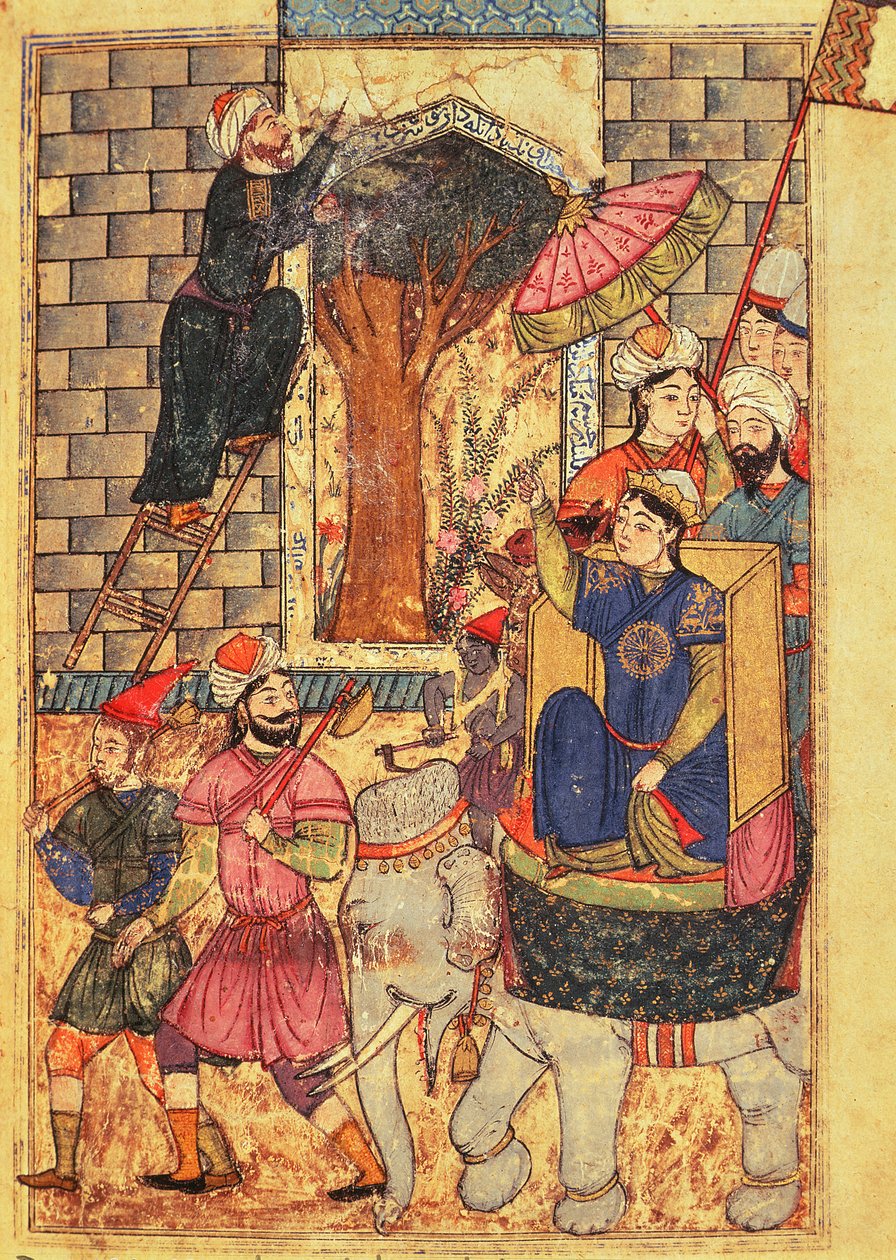 Fol.110「カリラとディムナの書」からのスルタナが宮殿を去る（紙にインクと不透明のトイレ） 作： イスラム学校