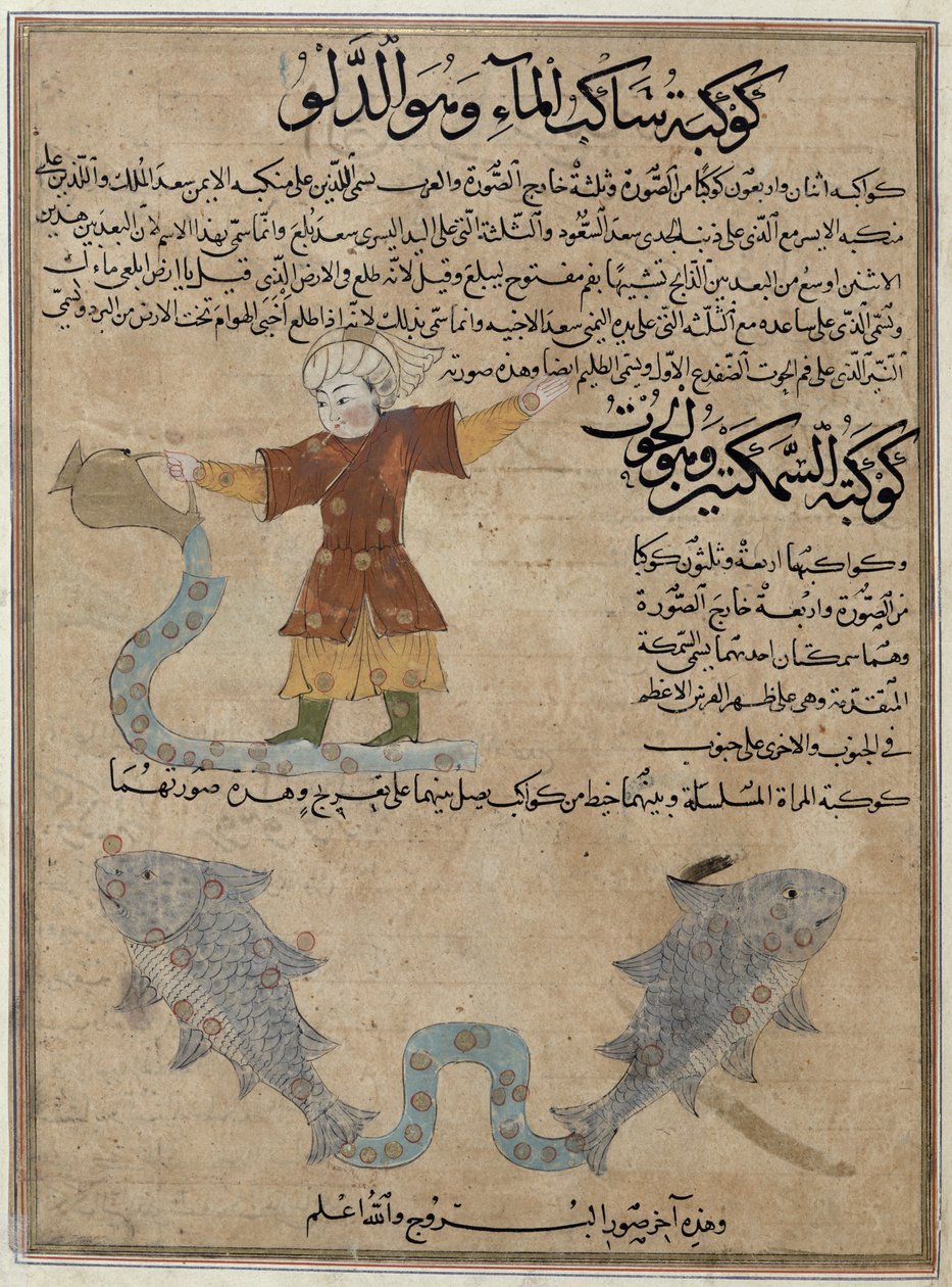 Ms E-7 fol.25a水瓶座とうお座、ザカリヤイブンムハンマドアルカズウィニの「創造の不思議と存在の好奇心」より 作： イスラム学校