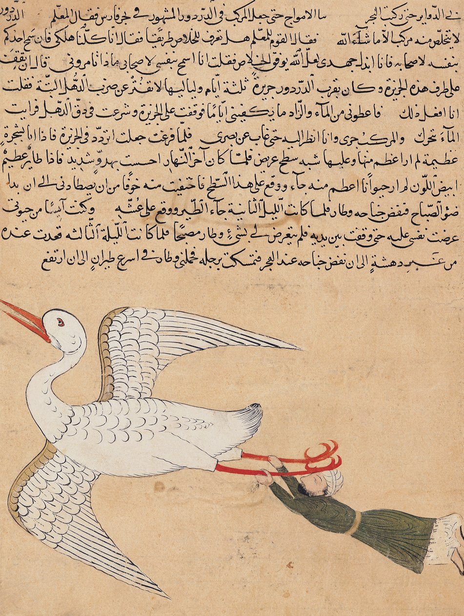 Ms E-7 fol.72a Zakariya-ibn Muhammed al-Qazwiniによる「創造の不思議と存在の好奇心」のIsfahan Flyingの商人 作： イスラム学校