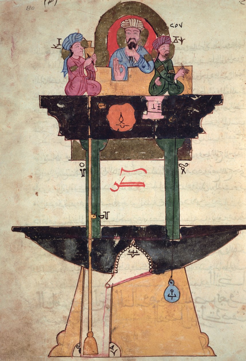Al-Djazariによる「独創的な機械装置の知識の書」1206年製の自動化された数字付きの水時計 作： イスラム学校