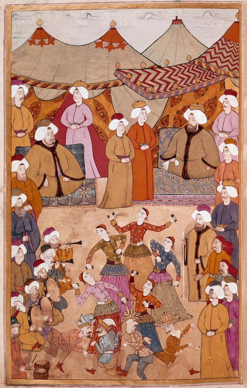 イスラム美術。「スルタン・アフメット3世(1673-1736)の喜びのための踊り」レフニ紙にグワッシュ 「スルナマ」(愛称i)ヴェービより）デビュー18世紀 トプカプ・サライ博物館（イスタンブール 作： イスラム学校
