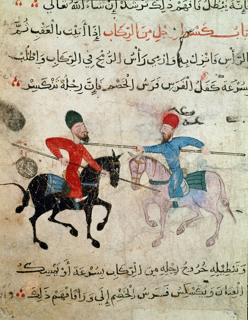 イスラム美術。ファティミド朝時代（10-11世紀）の羊皮紙に描かれたドローイング-二人の騎手の決闘の場面-パピルスに描かれた絵画-カイロ、イスラム美術博物館 作： イスラム学校