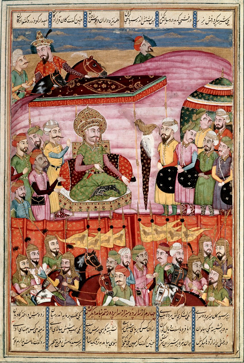 イスラム美術。"Sohrab (Saharab) stands at the tent of Roustam" フェルダウシ（Ferdawsi, or Ferdawsi, or Firdousi, ca. 940-around 1020）の叙事詩「シャーナメ」（Shah Nama, Shahnama）（王の書）の写本からのペルシャ細密画（ms.607） Lly, 作： イスラム学校
