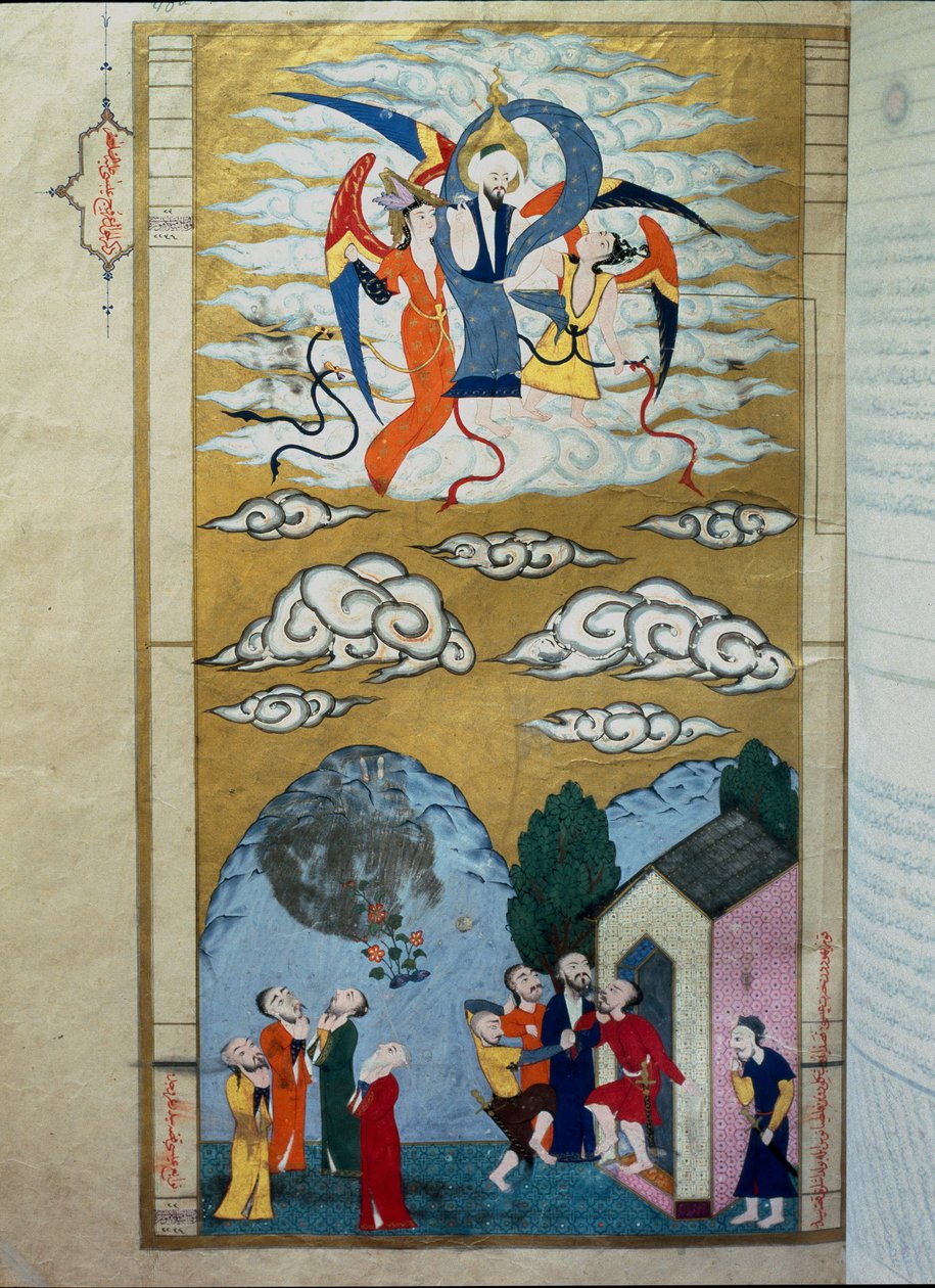 預言者イサ（Isa ibn Marym：イエス）の昇天を表現したイスラム教のミニチュア 歴史学者セイヤイド・ロクマン（Lokman）アシュリの写本「Zubdat al Tawarikh」（Creme or the Fine Flower of Stories）より 作： イスラム学校