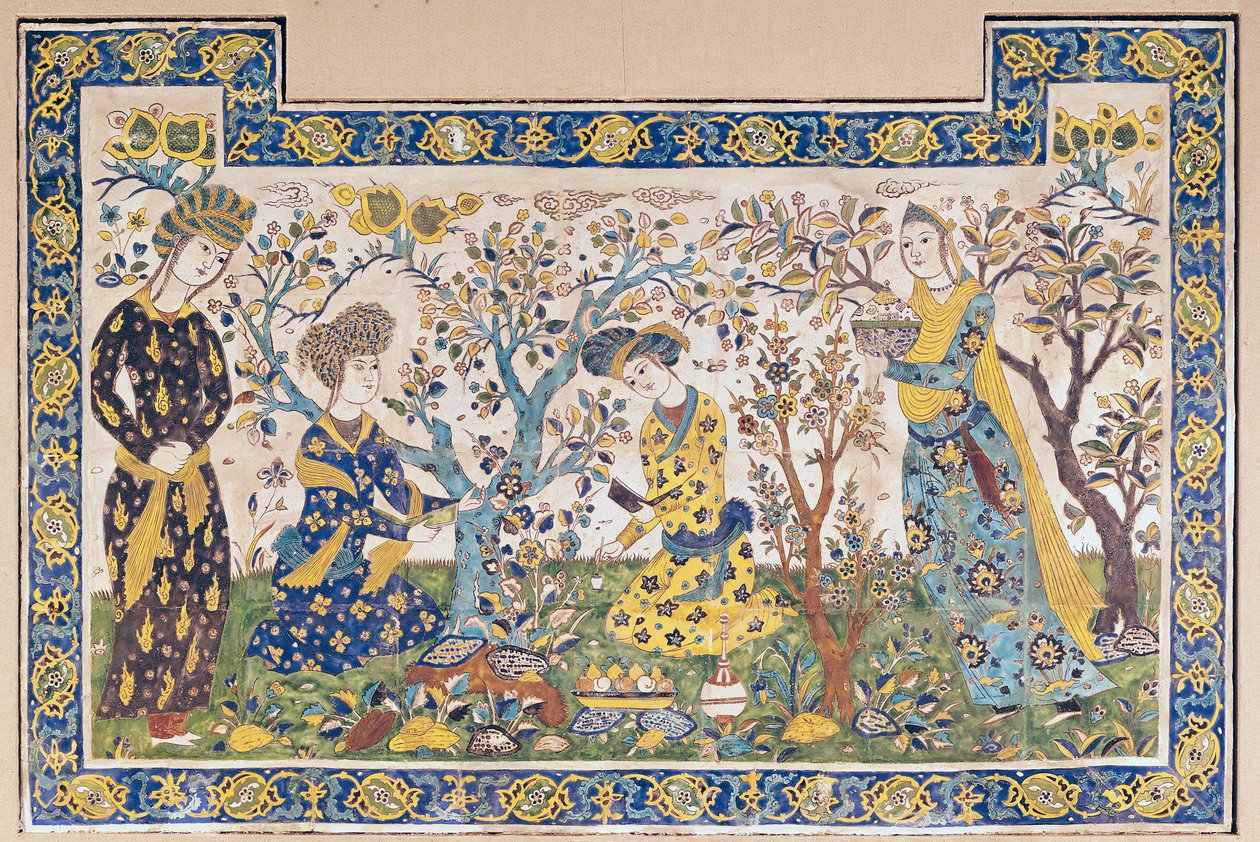 イランイスファハン（セラミックタイル）のペルシャ語、シャーアッバスII（1642-66）によって建てられたThelhel Sutunまたは40列のパビリオンの庭園でリラックスした人物の壁画パネル 作： イスラム学校