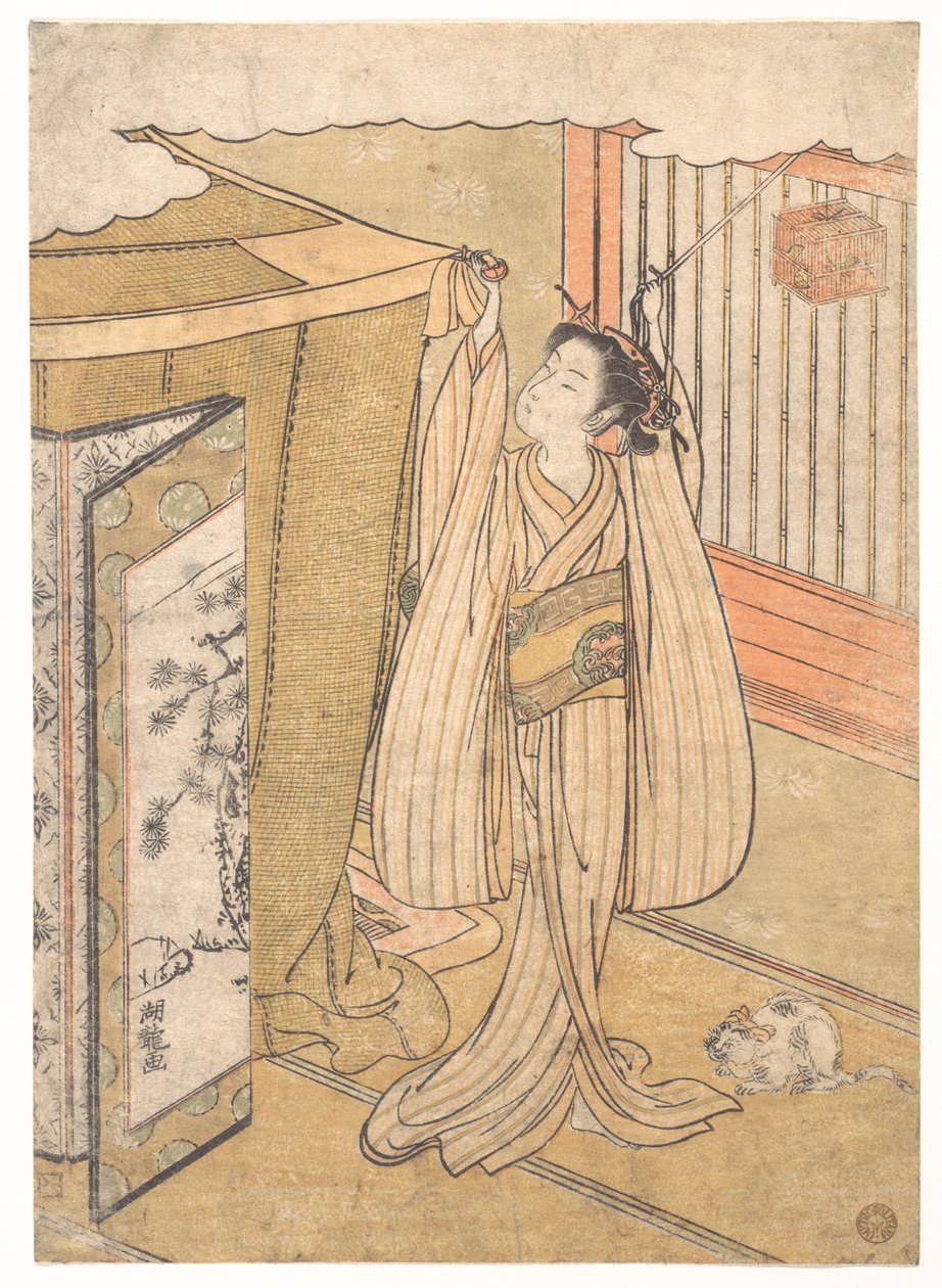 少女が寝床の上に蚊帳を吊るしている 作： Is田流彩