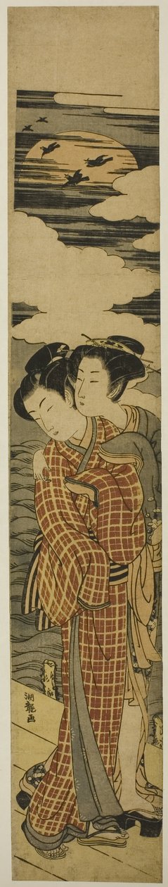 月明かりに照らされた夜に抱きしめる桟橋に立つカップル 作： Is田流彩