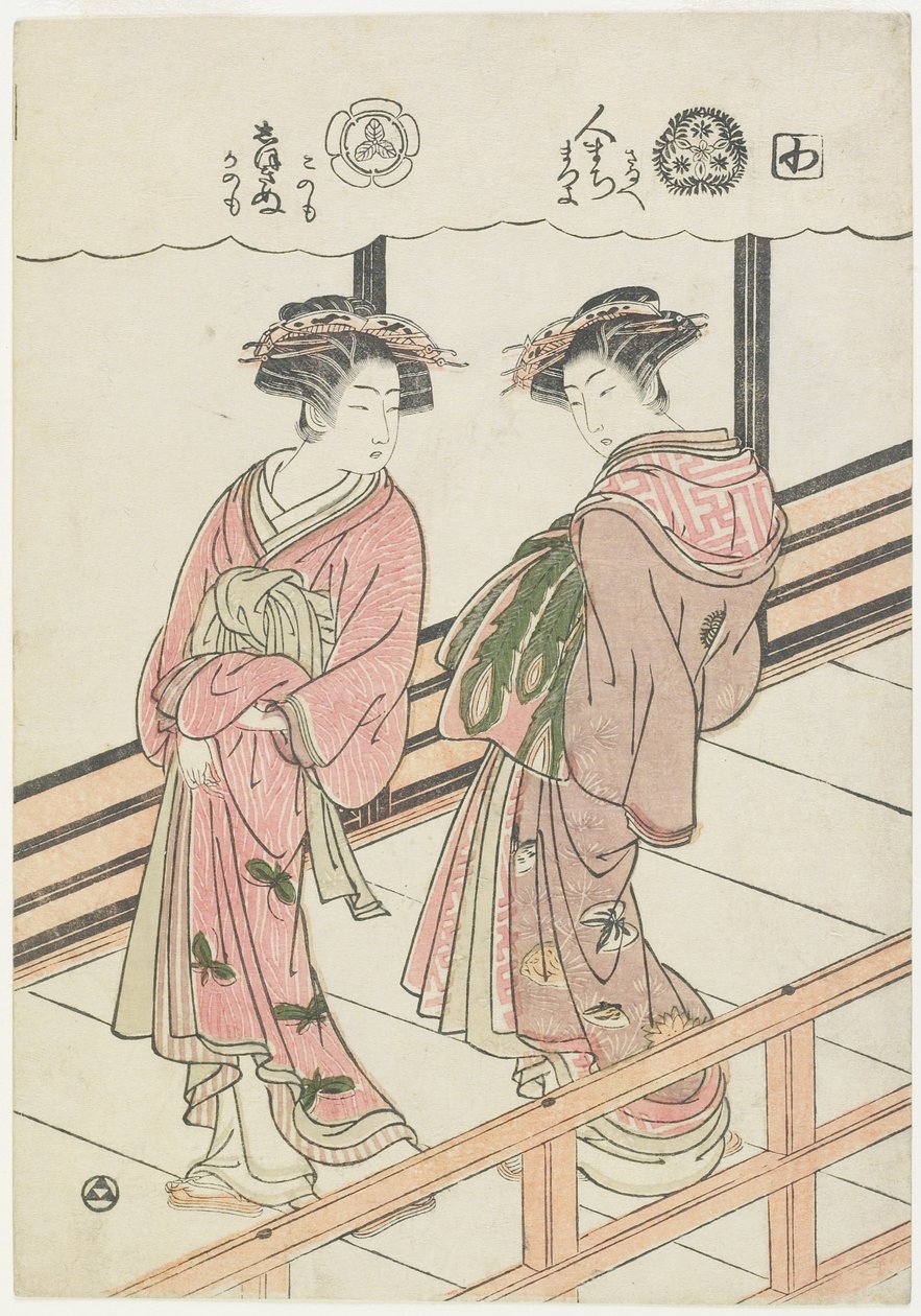 ベランダでの2つの遊女、1777年（色木版画） 作： Is田流彩