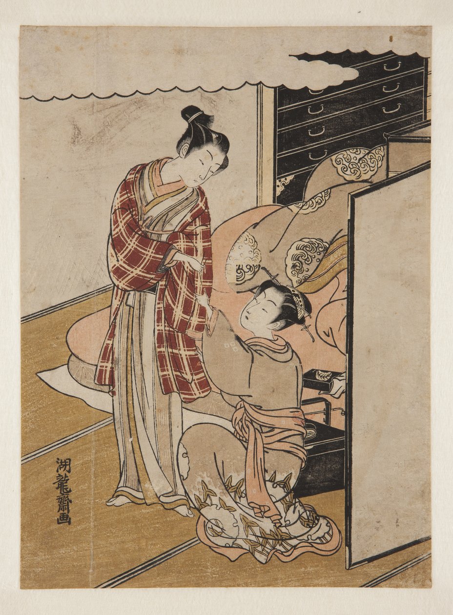 恋人の袖を持つ女（カラー木版画 作： Is田流彩