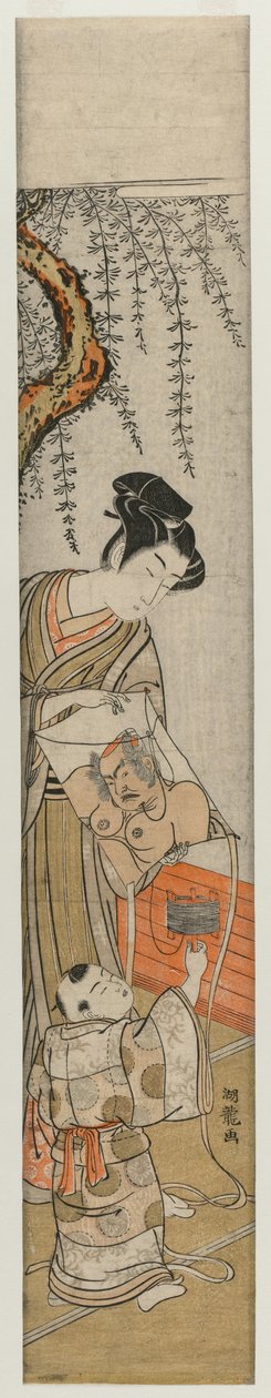 1770年代初頭から中頃の凧を持った若い男と子。 作： Is田流彩