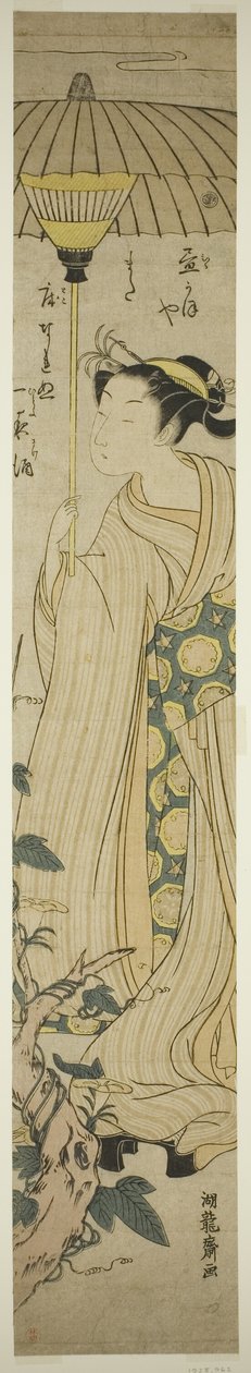 日傘をさす若い女性が昼顔の花を眺める 作： Is田流彩