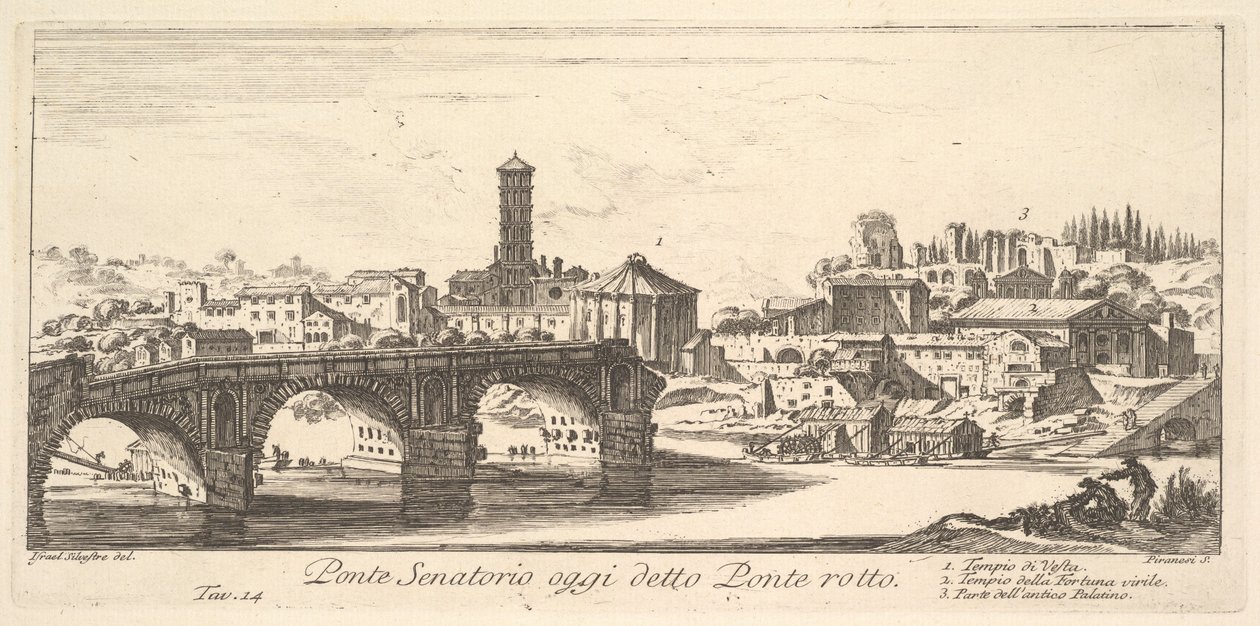 Ponte Senatorial, hoje chamada de Ponte Rotto (Ponte Quebrada), c.1748 (gravura) 作： イスラエル・シルベストル