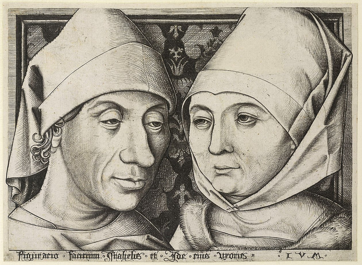 妻アイダとの自画像c。 1490 作： イスラエル・ファン・メッケネム