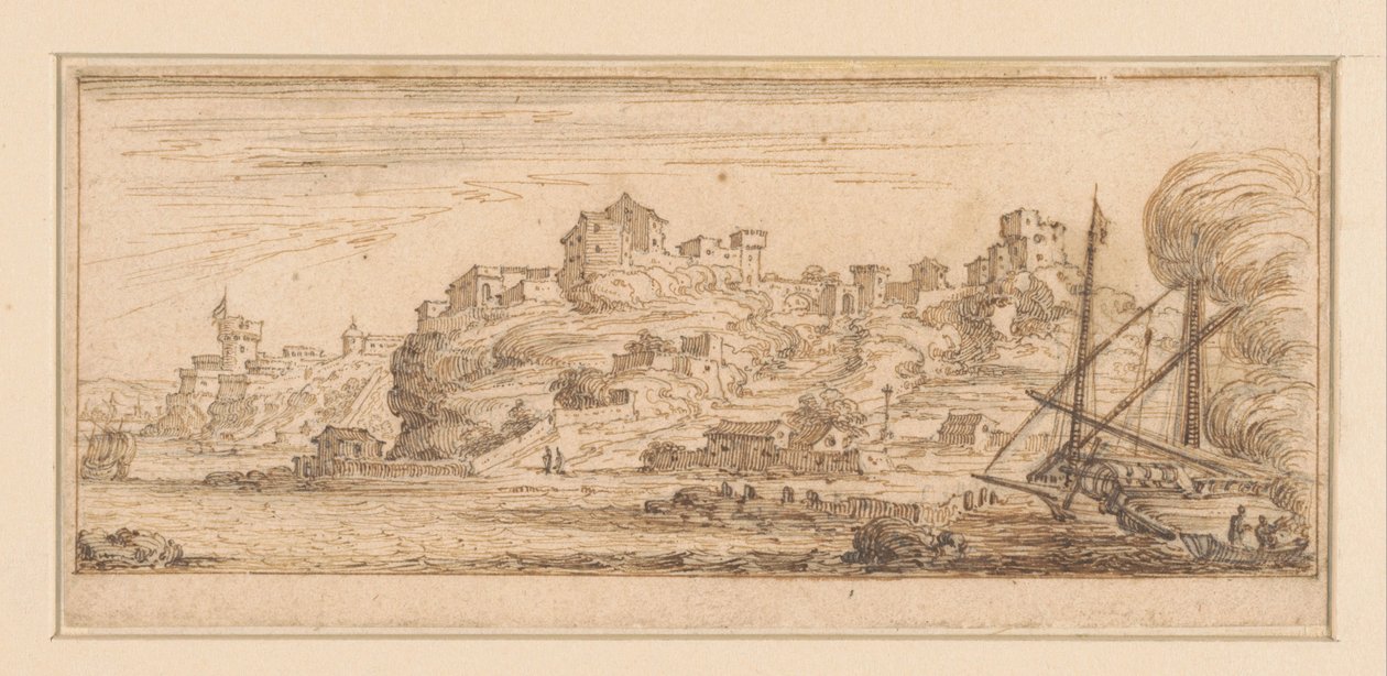右側に改装中の船がある海岸の景色 海辺の風景を描いた版画シリーズのデザイン（シリーズ名） 作： イスラエル・シルベストル