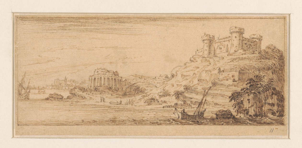 右側の帆船の船長と海岸の景色 海辺の風景を描いた版画シリーズのデザイン（シリーズタイトル） 作： イスラエル・シルベストル