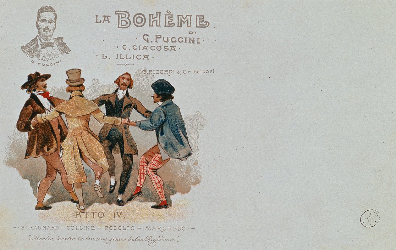 オペラ「ラボエーム」の記念ポストカード、ジャコモプッチーニ作（1858〜1924年） 作： イタリア語学校