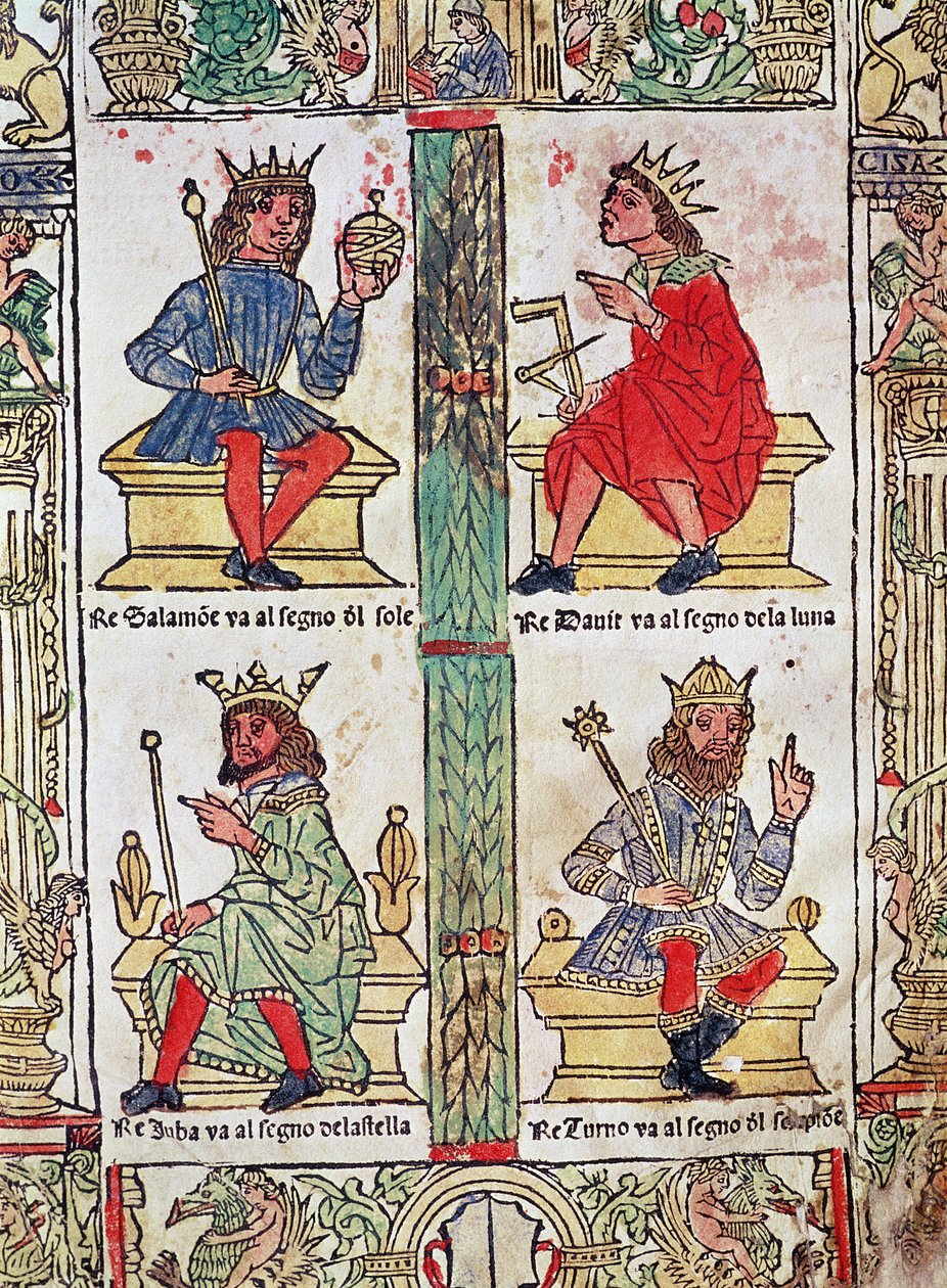 ダビデ王、ソロモン、ルバ、ターニス、ロレンツォスピリトの「Libro de la Sorte e de la Ventura」（色の木版画） 作： イタリア語学校