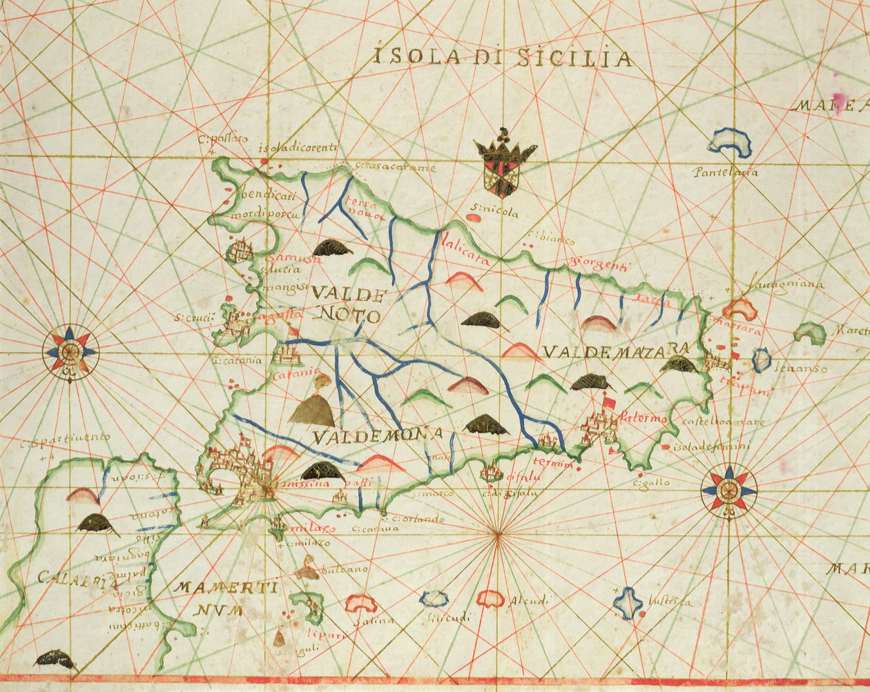 航海地図からのシチリアとメッシーナ海峡、1646年（ベラムのインク） 作： イタリア語学校