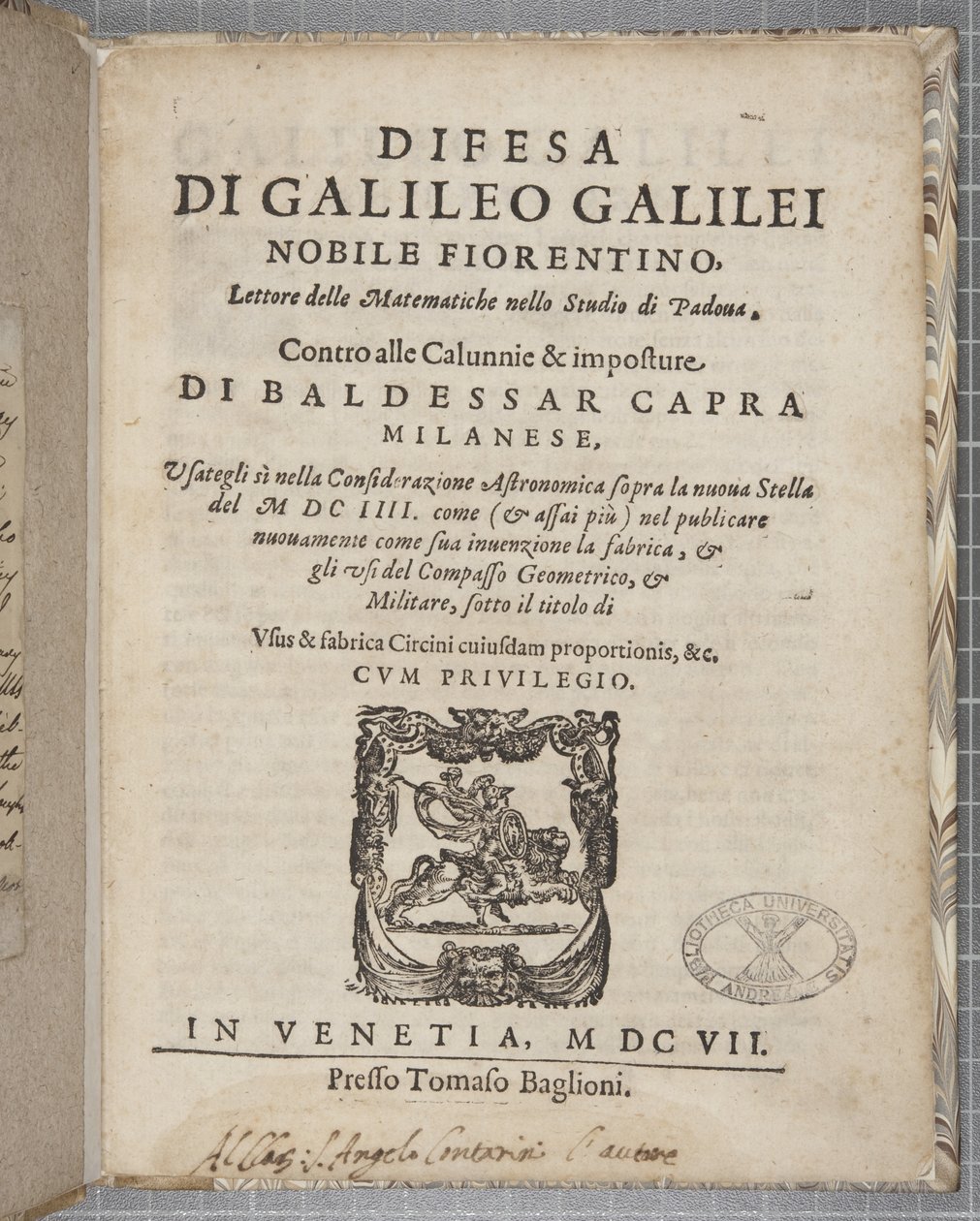 ガリレオによるディフェサのタイトルページ、1607年 作： イタリア語学校