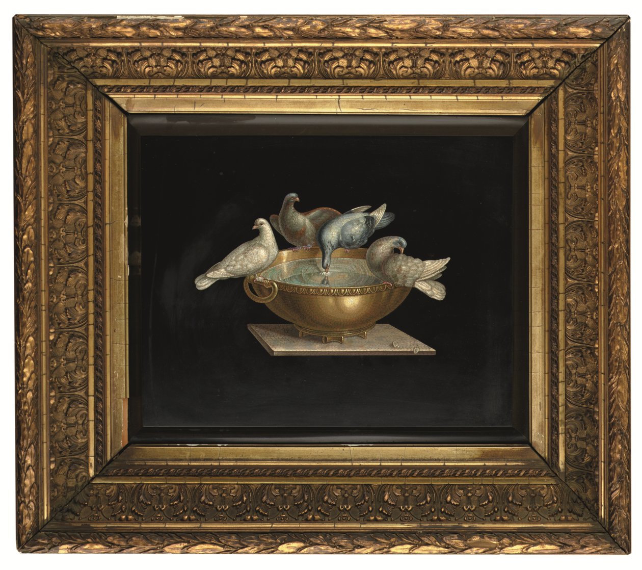プリニウスの鳩を描いたローマ時代のマイクロモザイクの楯、19世紀後半（モザイク画） 作： イタリア語学校