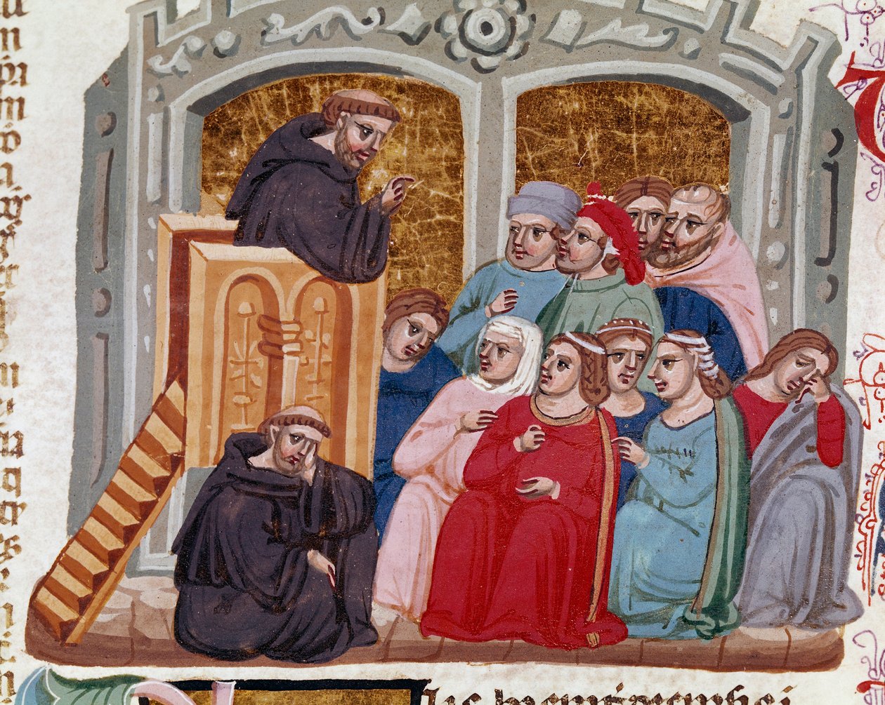 1140年に遡り、ローマ・カトリック教会の法律や規範を規定した "Decret de Gratien"("Concordia discordantium canonum" or "Decretum Gratiani")より、群衆に向かって演説するプレディケーター。14世紀 シエナ、ビブリオテカ 作： イタリア語学校