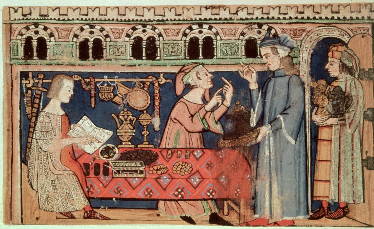 追加 27695 f.7v The Pawnbroker, from the Treatise on the Vices (vellum) 作： イタリア語学校