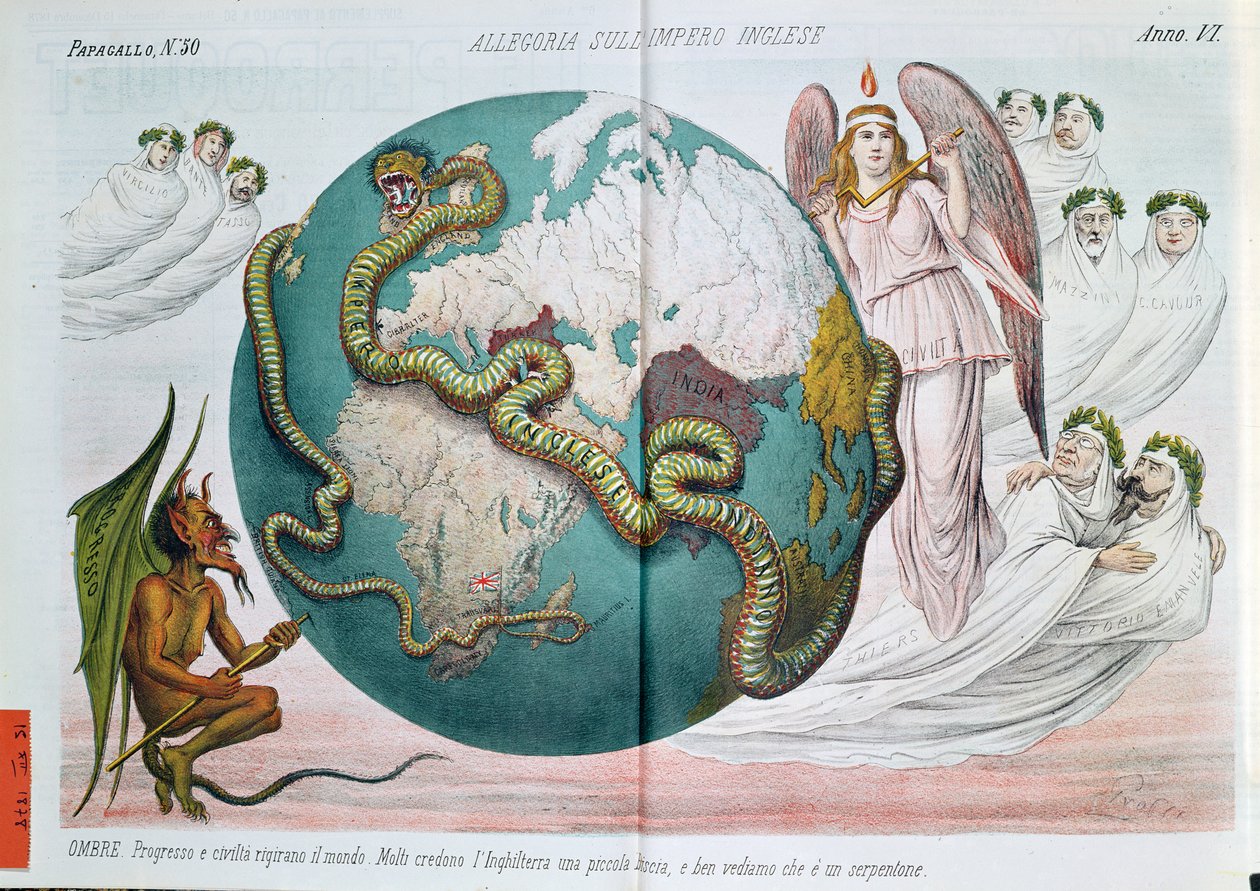 世界を絞め殺す大英帝国の寓意、1878年のルペロケ（Il Papagallo）の風刺漫画 作： イタリア語学校