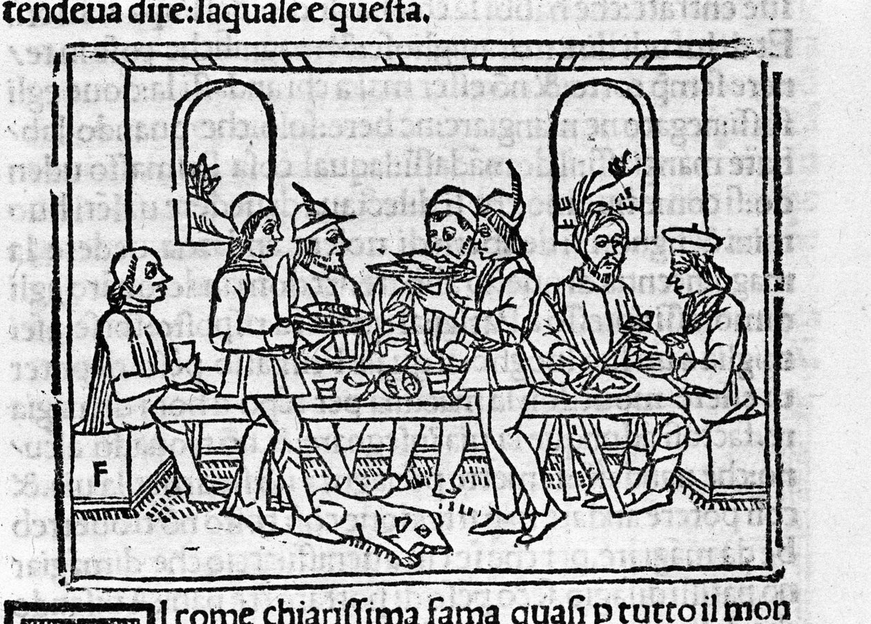 Bankettszene in Anwesenheit von Mitgliedern des florentinischen Adels. Illustration zum „Decameron“ von Giovanni Boccaccio genannt Jean Boccace (1313-1375), italienischer Schriftsteller von Italian School