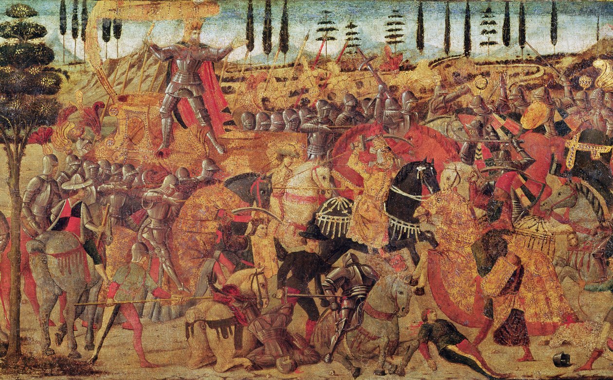 ダリウス (紀元前 399 ～ 330 年) とアレキサンダー大王 (紀元前 356 ～ 323 年) の間の戦い (パネルに油彩) 作： イタリア語学校