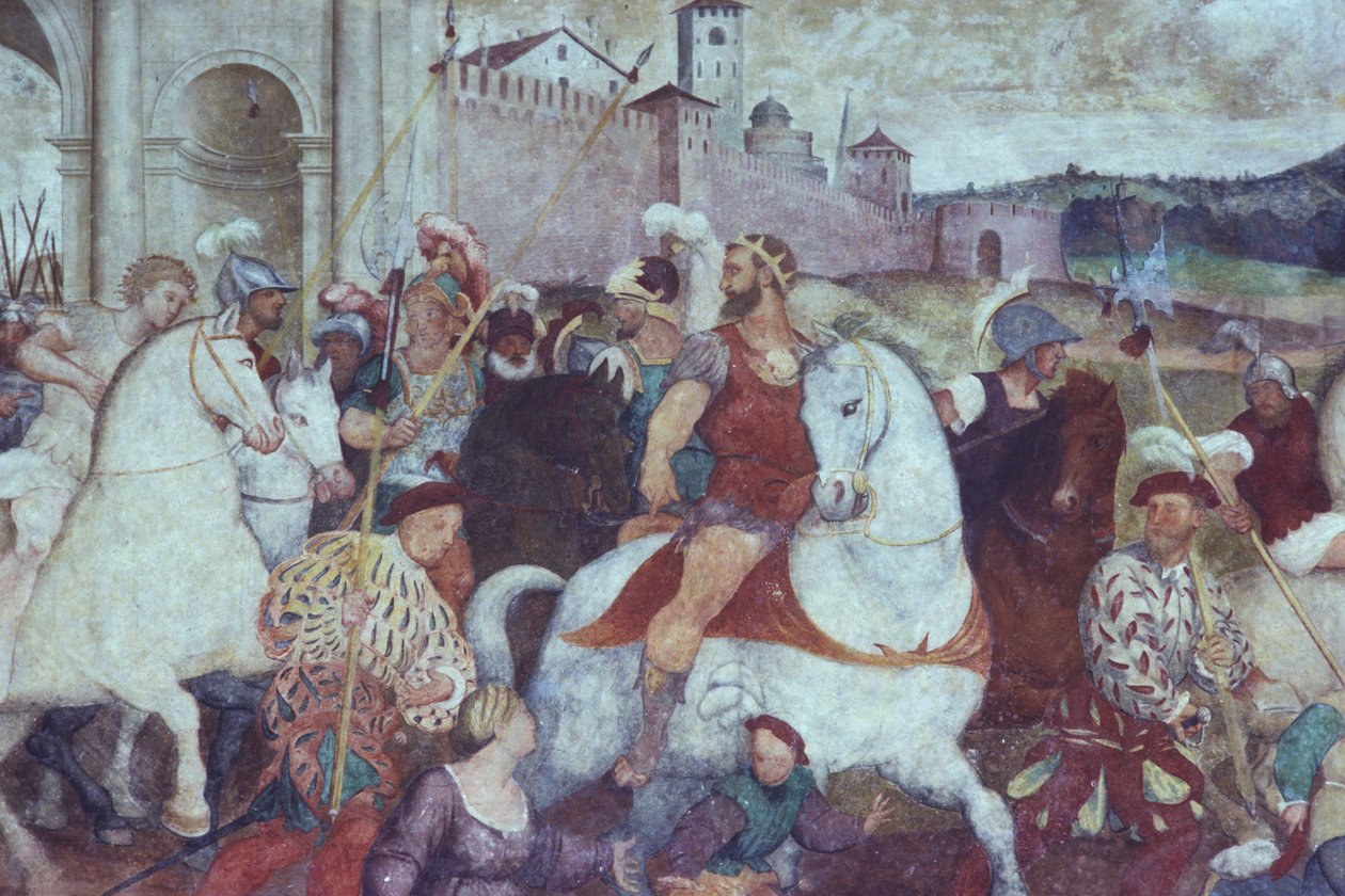 城壁の外での戦闘シーン、1460 年代 (フレスコ画) 作： イタリア語学校