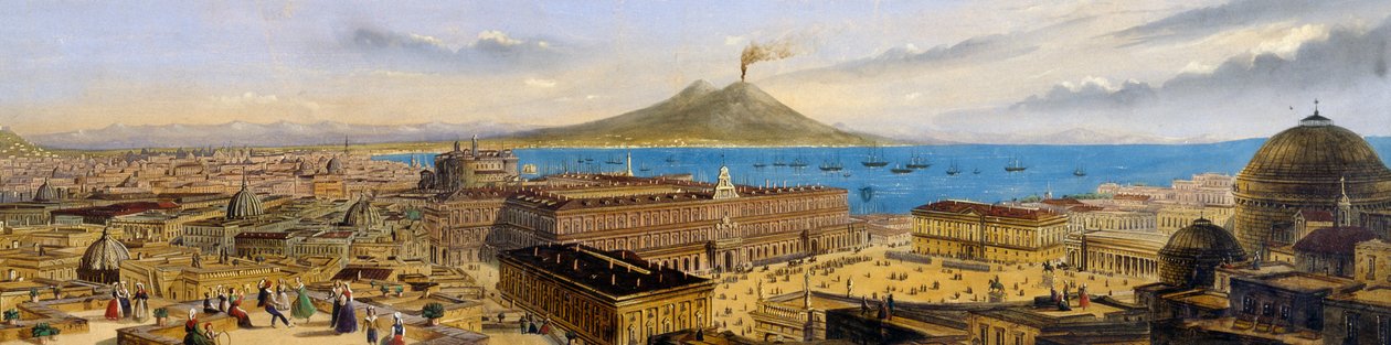 イタリア・ナポリの王宮とプレビシート広場の鳥瞰図 作： イタリア語学校