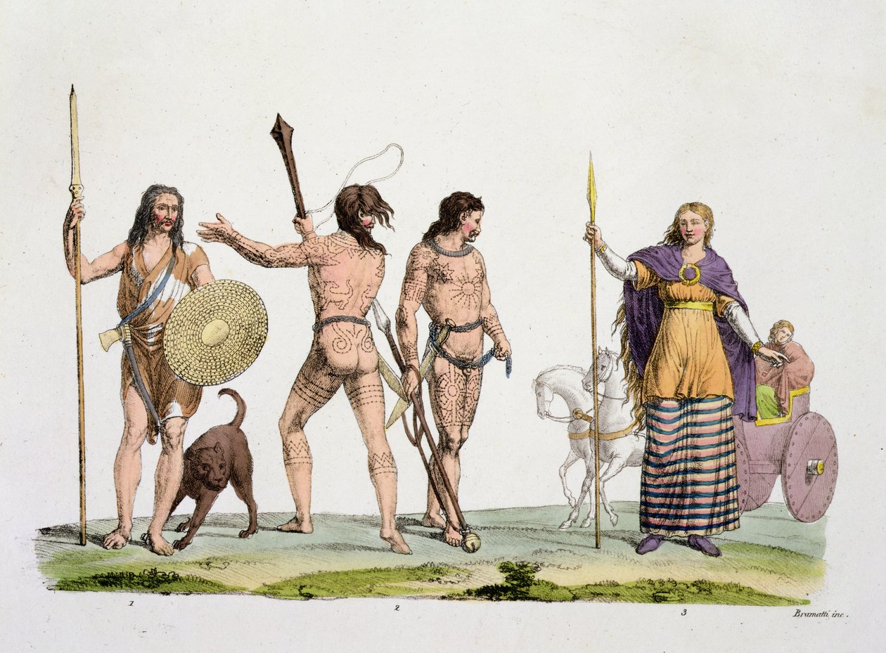 英国人、カレドニア人、ボアディシア女王、The History of the Nations（アクアチント）のプレート4 作： イタリア語学校