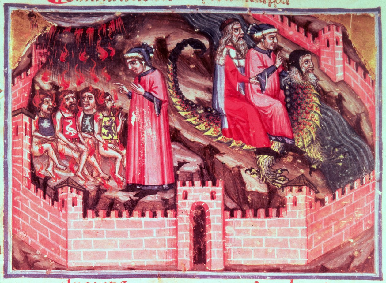 Canto XVII Four Sodomites：DanteとVirgilがGeryonの後ろに乗って、Circle of the Fraudulentsに、Divine Comedy（Inferno）からc.1313 作： イタリア語学校