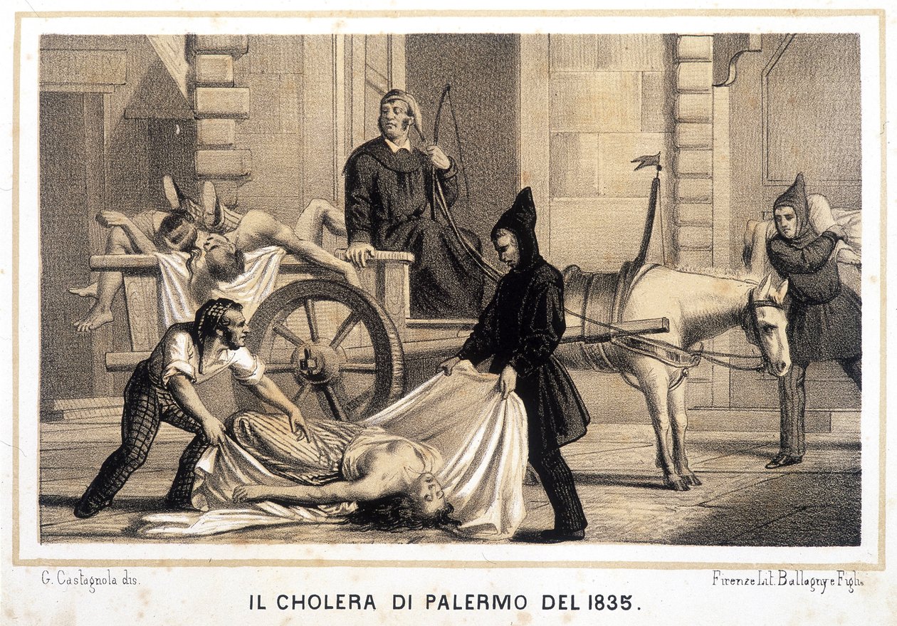 1835年、パレルモでコレラが流行した際、死者を拾うカート。 作： イタリア語学校