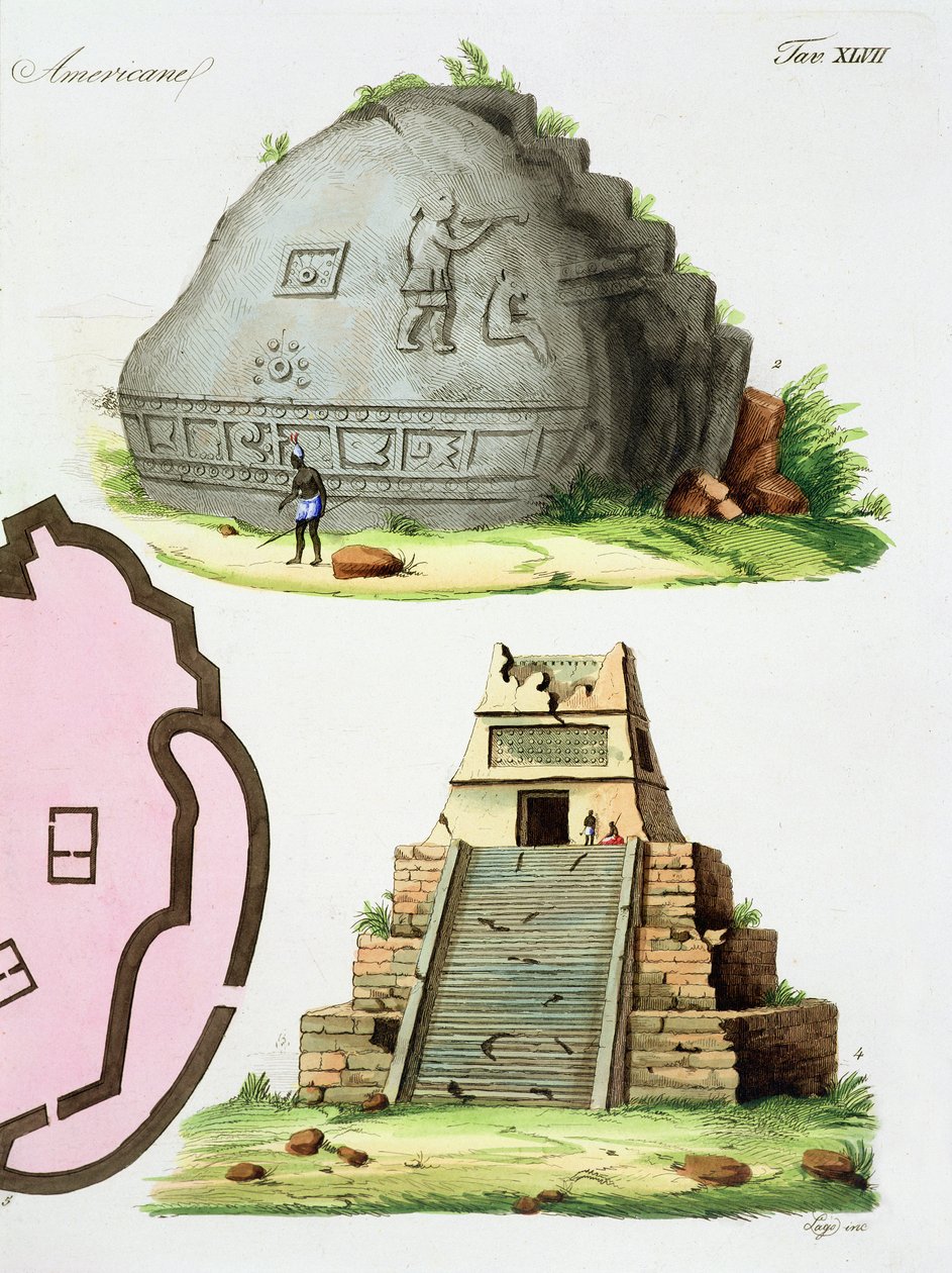 中央アメリカの古代遺産、2つのピラミッドの詳細、「諸国民の歴史」のプレート47（アクアチント）（94494の詳細 作： イタリア語学校
