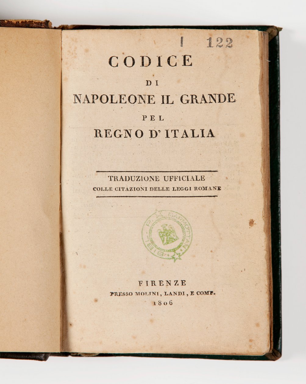 タイトルページで開いたイタリア王国のナポレオン大王の法典、フィレンツェ、モリニ、ランディエシー、1806年発行（印刷物） 作： イタリア語学校