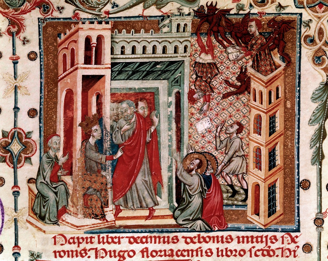 Codices Cavenses、Cod.25 f.181、Simon Magus、Emperor Nero、and the Apostles、miniature from Speculum Historiale、Part I、by Vincent de Beauvais、c.1320（velera on templum） 作： イタリア語学校