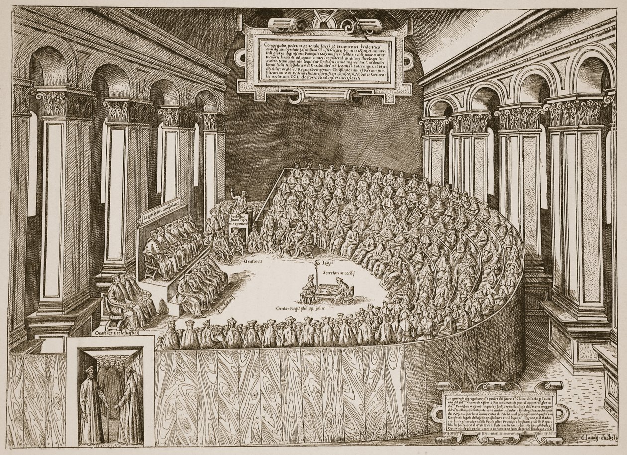 1563年にヴェネツィアで出版されたエッチングからのトレント評議会、1563年、イングランドの教会からのイラスト：HDM Spence-Jonesによる人々の歴史、パブ。 1910年頃（セピア写真） 作： イタリア語学校