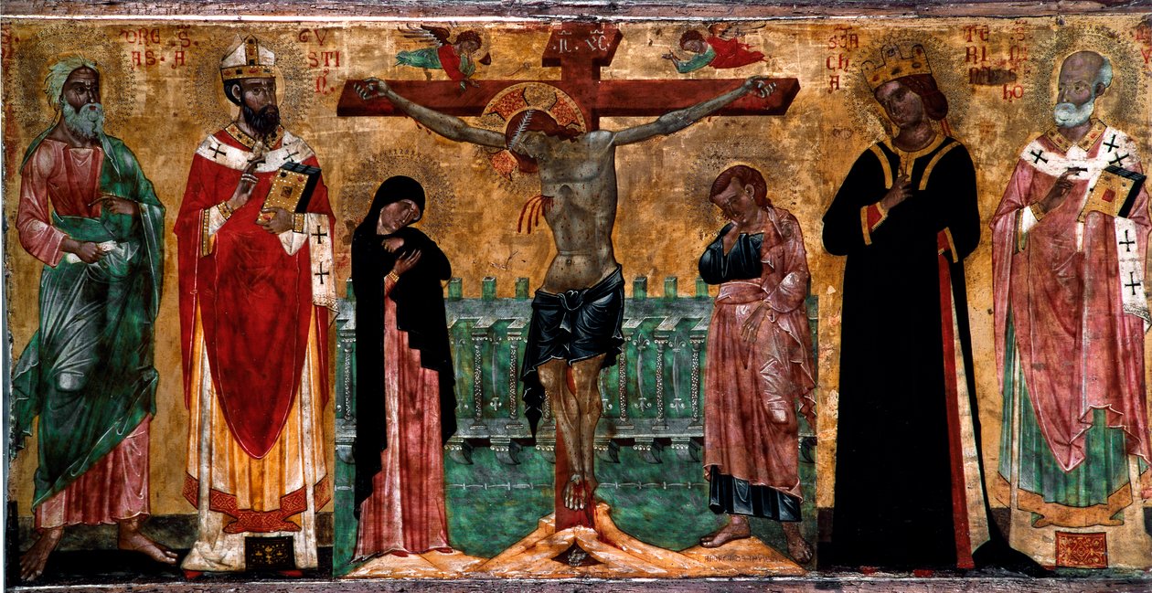 磔刑と聖人たち ヴェネト・ビザンチン派の匿名の画家による木画。寸法61x113 cm ヴェネツィア、Museo Correr, n. 381 作： イタリア語学校