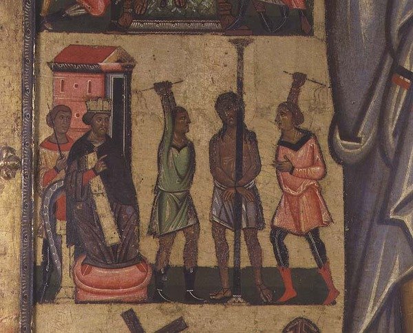 磔刑と受難の物語：キリストの鞭打ちを示す細部、ルッカの学校（パネルにテンペラ） 作： イタリア語学校