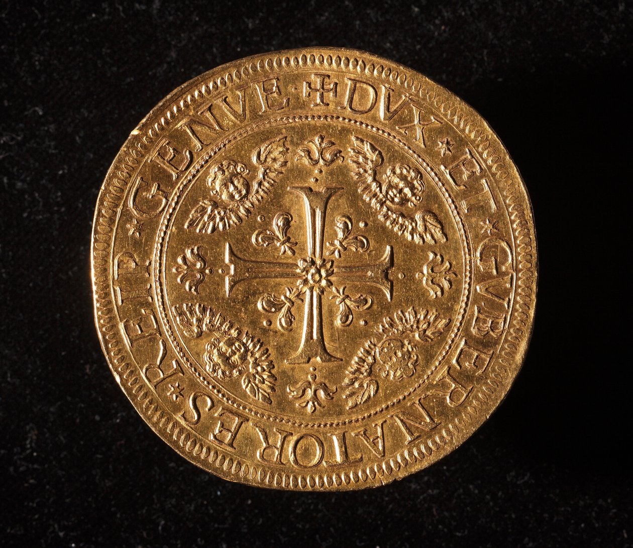 ジュネーヴ共和国の通貨：25金のドッペル硬貨。直径52.5mm。1694.正面。ゲネス共和国新世紀美術館（Inv.6457) 作： イタリア語学校