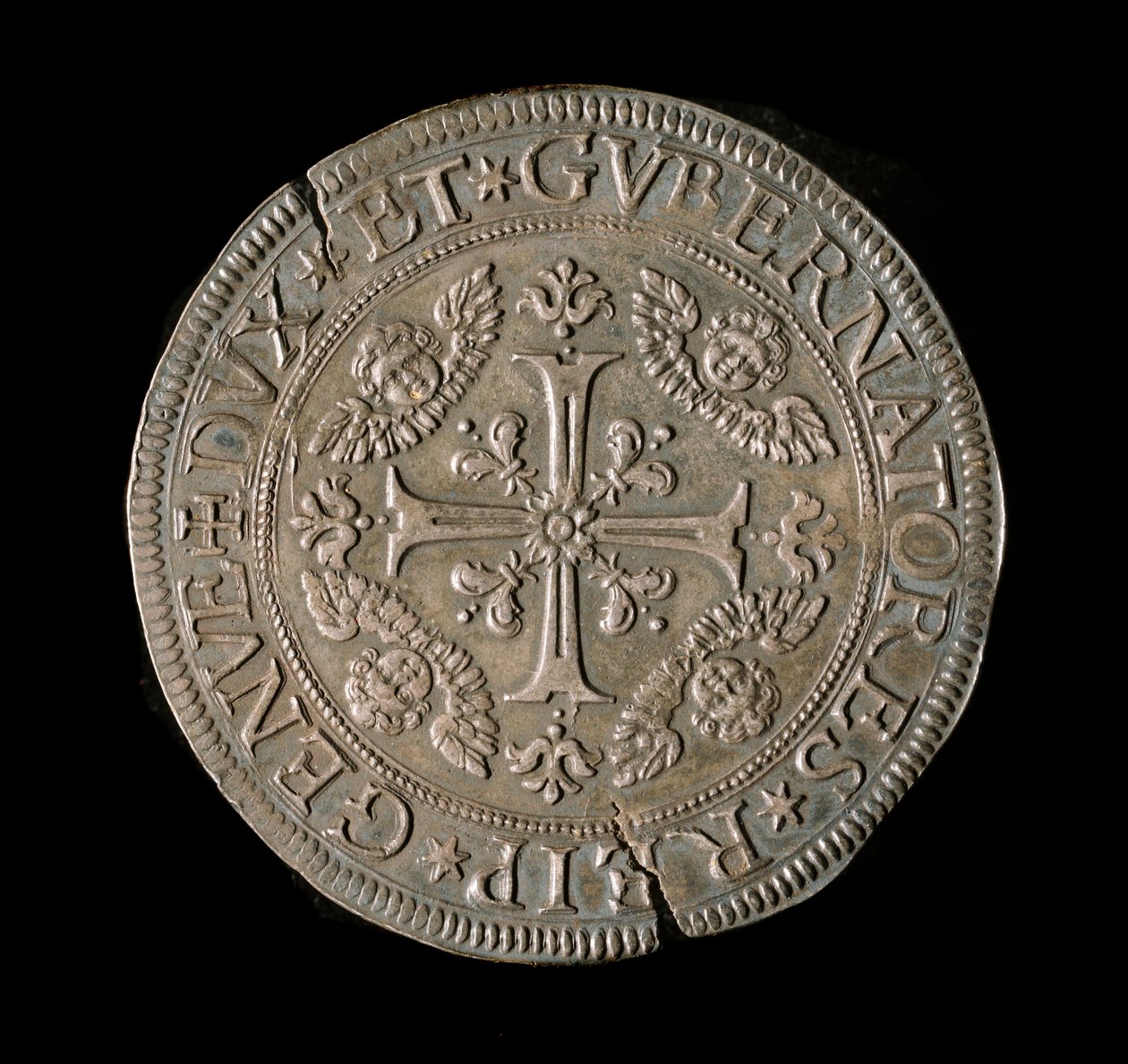 ジュネーブ共和国の通貨。銀製でECU幅。直径61mm。1693年、正面。ジェネス共和国ストラーダ・ヌオーヴァ博物館（Inv, M7135) 作： イタリア語学校