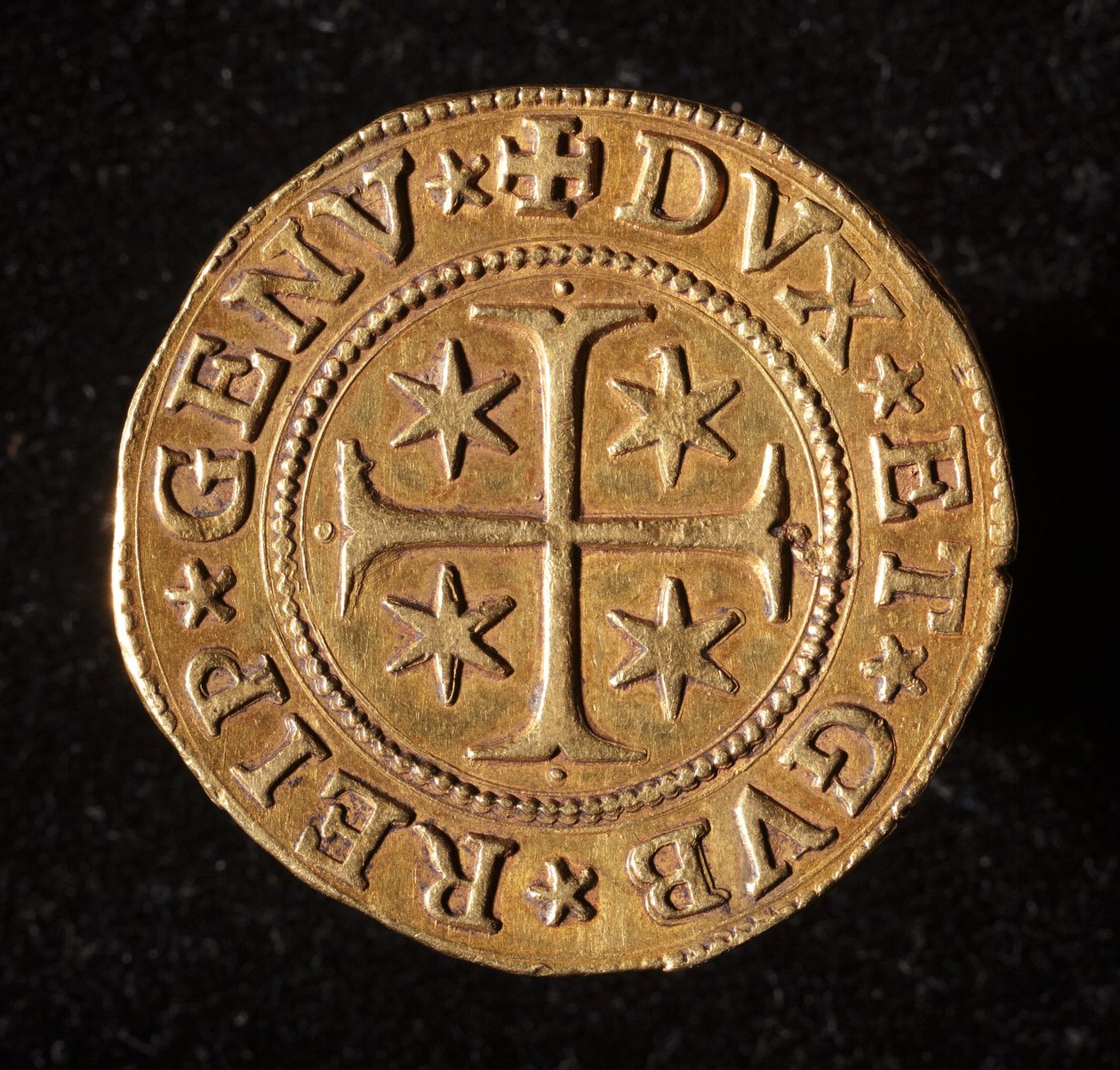 遺伝子共和国の通貨：5つの金のドッピーコイン。ディアム。 41mm。 1642.フロント。遺伝子Museidi Strada Nuova 作： イタリア語学校
