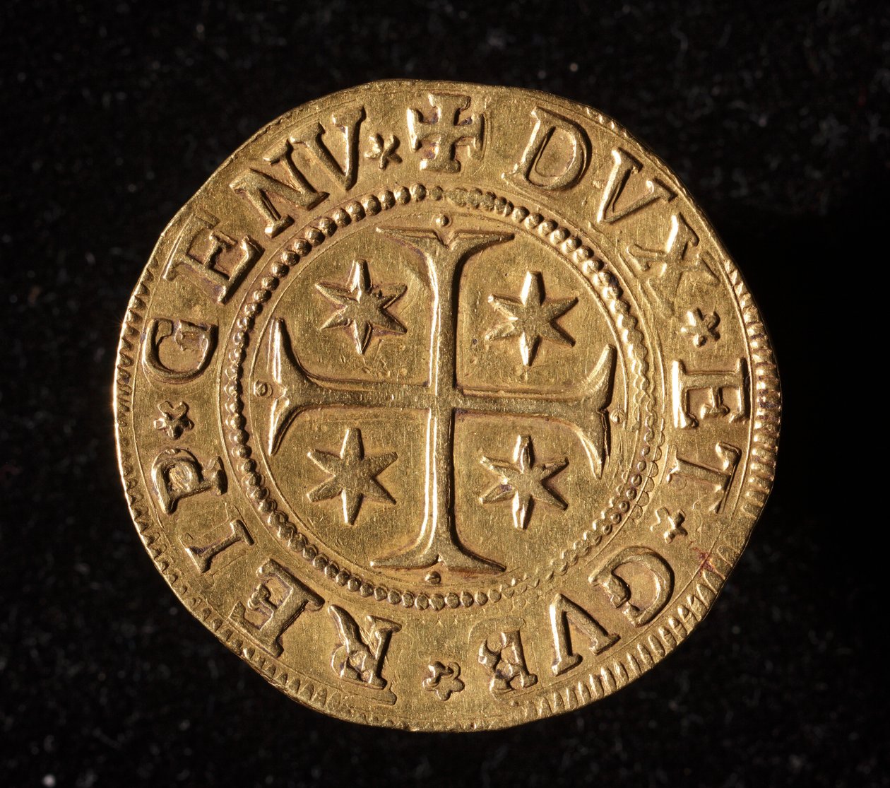遺伝子共和国の通貨：5つの金のドッピーコイン。ディアム。 41mm。 1652.フロント。遺伝子Museidi Strada Nuova 作： イタリア語学校