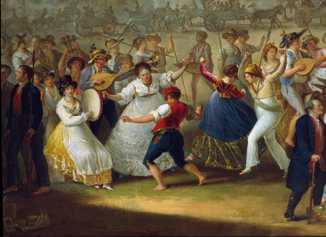 ナポリのダンスシーンと大衆パーティー タランテラ（タランテラ、タランテラ）の踊り子たち。匿名の絵画。18世紀 ナポリ、サンマルティーノ国立博物館 作： イタリア語学校