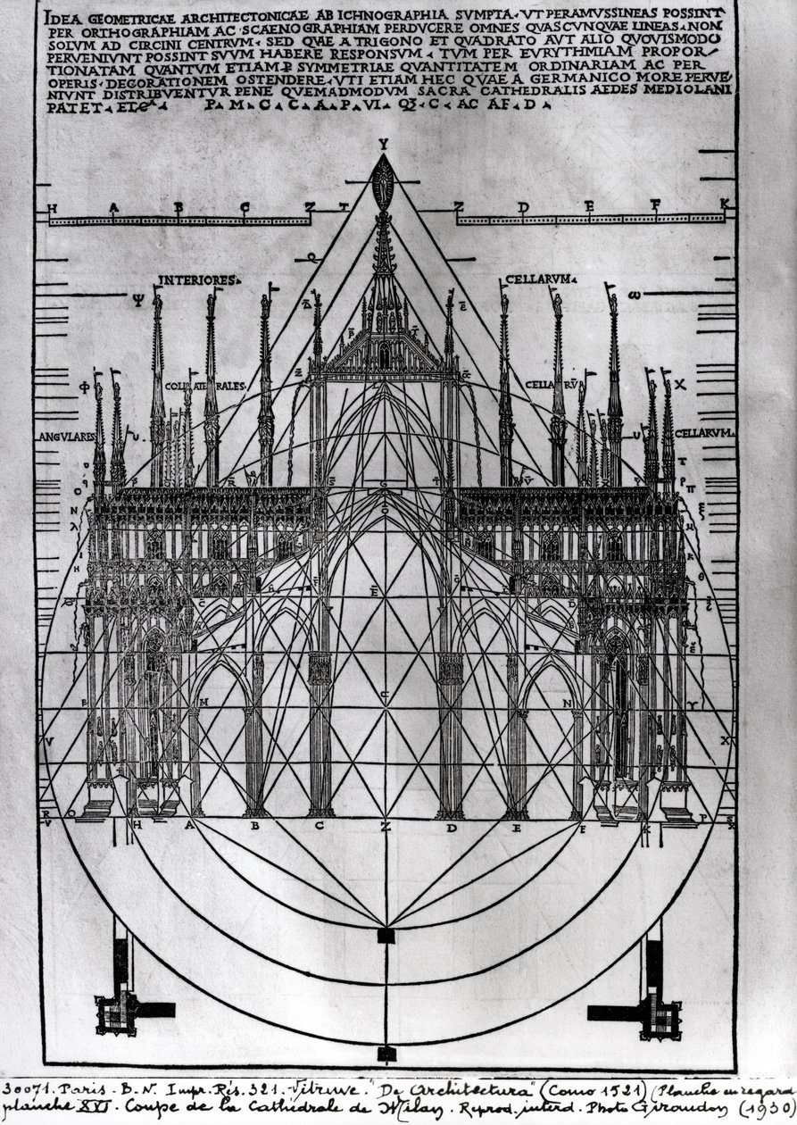 ミラノ大聖堂のデザイン、Vitruvius、コモ、1521年のDe Architecturaのイラスト 作： イタリア語学校