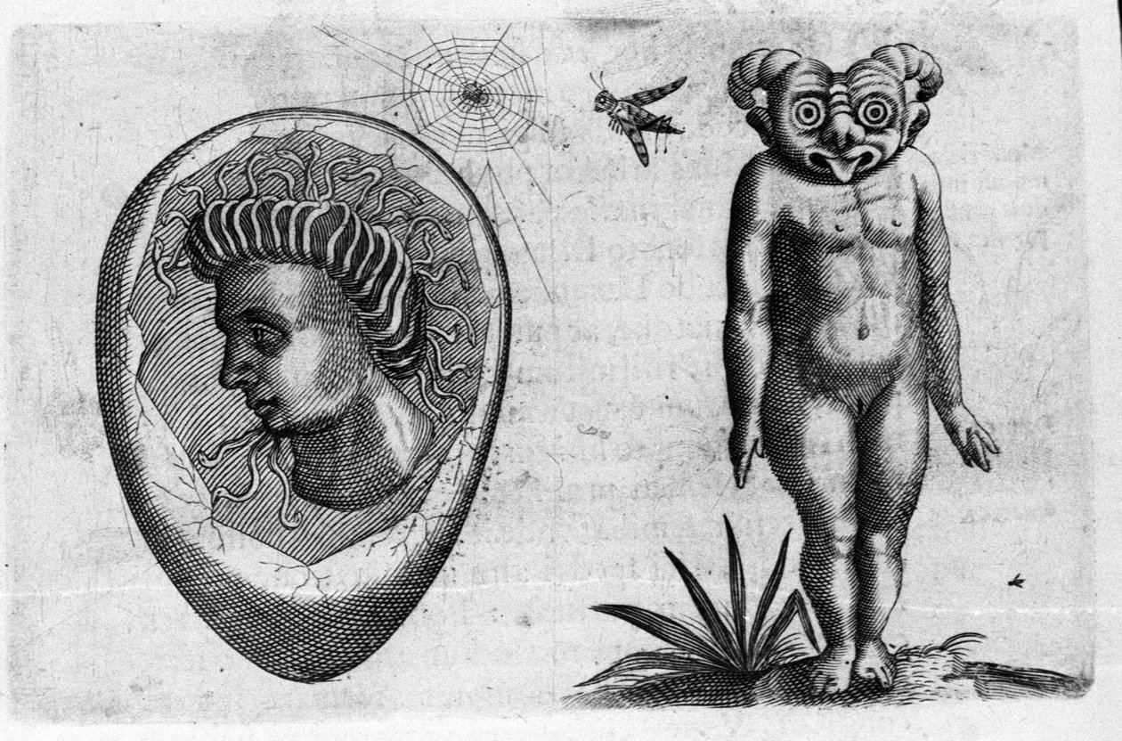 化石人間と怪物という異なるタイプの人間のモンスター。イタリアの科学者Fortunio Liceti(1577-1656)の「De monstrorum natura, causis et differentiis」からの版画。1646 作： イタリア語学校